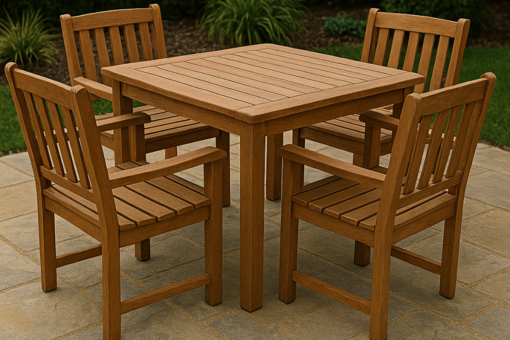 wooden patio furniture on natural stone patio